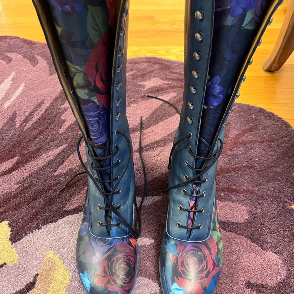 John Fluevog Blue and Red Lace Up Boots